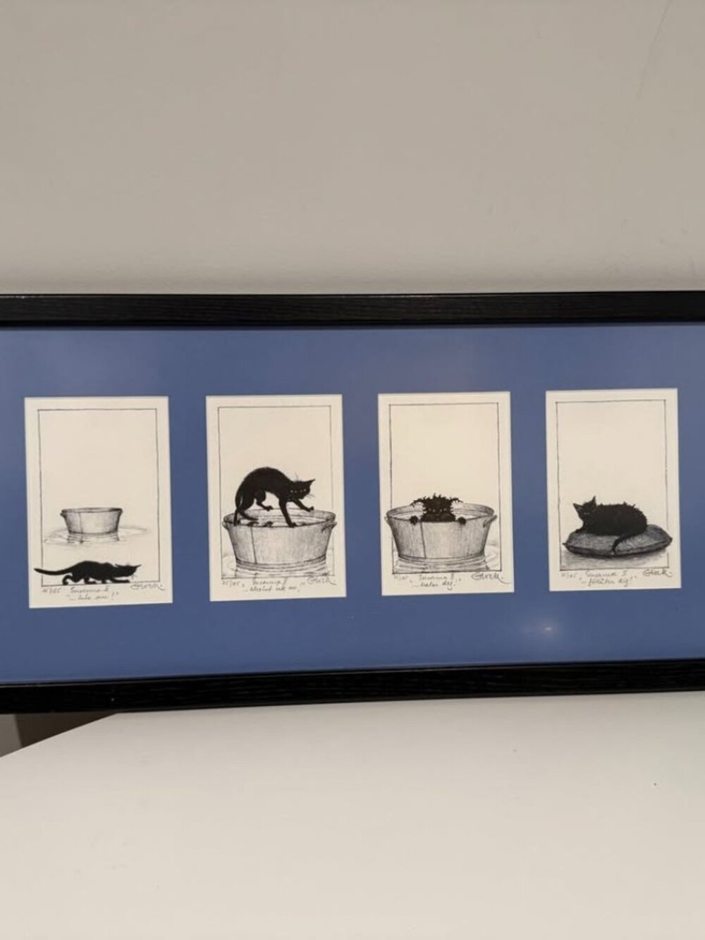 Vintage Cat Bathing Lithograph, Limited+Signed, Swedish, Pro. Framed 21.5"